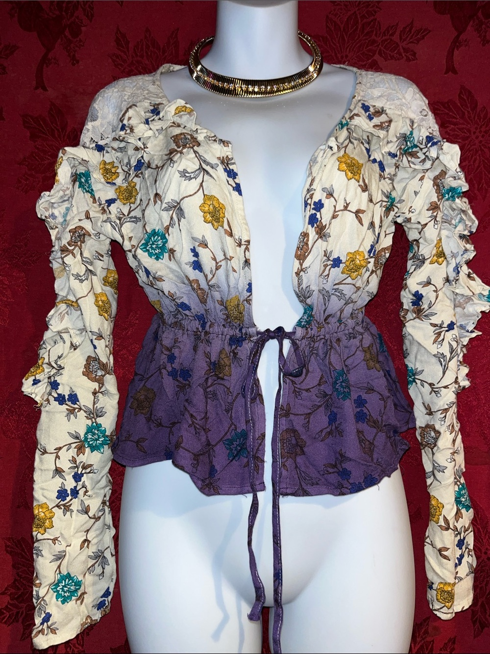 Marshalls Two-Tone Floral Tie-Front Peplum Blouse in Cream & Purple